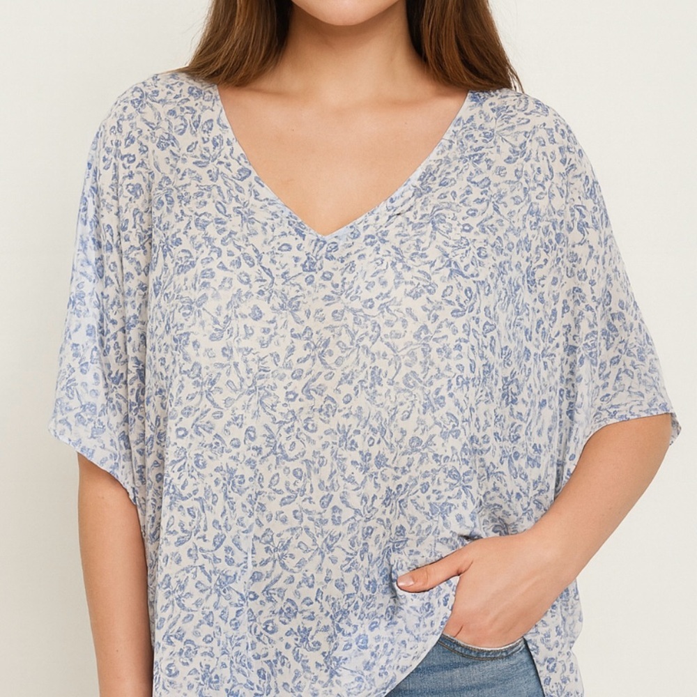 La Ligne Blue Floral Blouse Sheer Flowy Coastal Chic Cottagecore Romantic Sz 14 - Picture 4 of 10
